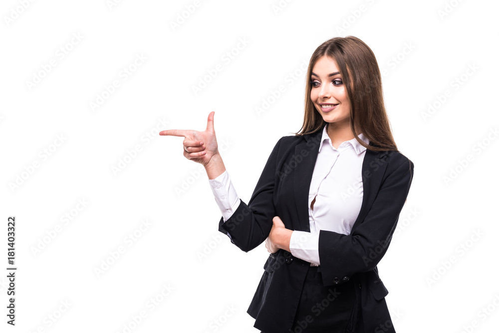 Business woman is pointing with his hand and smiling on white background