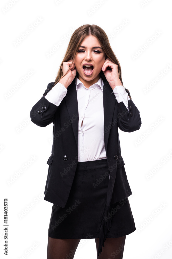 Close up of angry yelling entrepreneur woman against a white background Close up of angry yelling entrepreneur woman against a white background