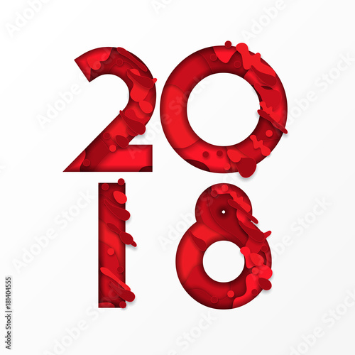 2018 numbers for New Year design with abstract paper cut shapes isolated on white. Vector illustration. Colorful 3D carving art, winter holiday poster design of paper cut colorful layers