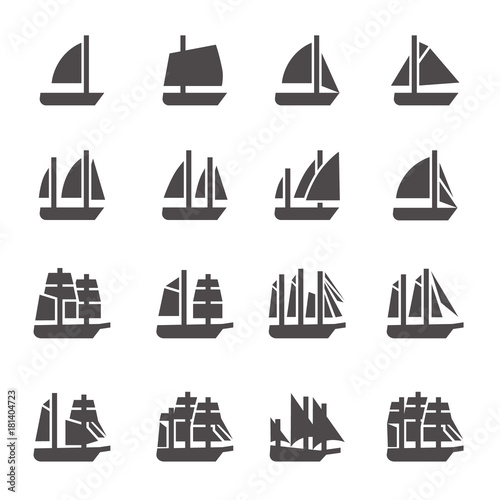 Icons of sailing ships in glyph style / There are ships like cat, yal, sloop, cutter, ketch, Bermuda schooner, yol, tender, brig, brigantine