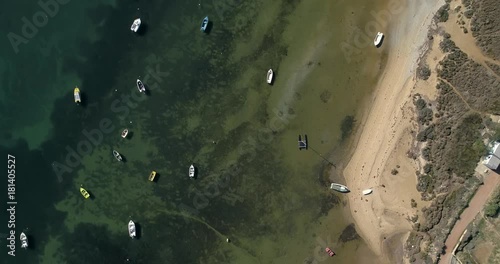 Aerial seascape, in Ria Formosa wetlands natural park, over Cavacos beach. Algarve.