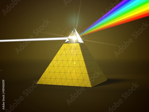 white light ray dispersing to other color light rays via pyramid prism. 3d illustration