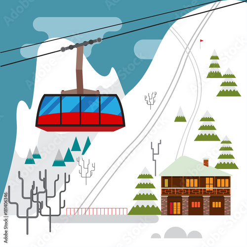 Winter landscape with ski resort, ski funicular and hotels
