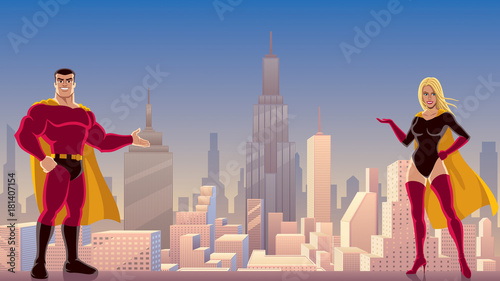 Superhero Couple Presenting / Male and female superheroes presenting something, with cityscape as background. 