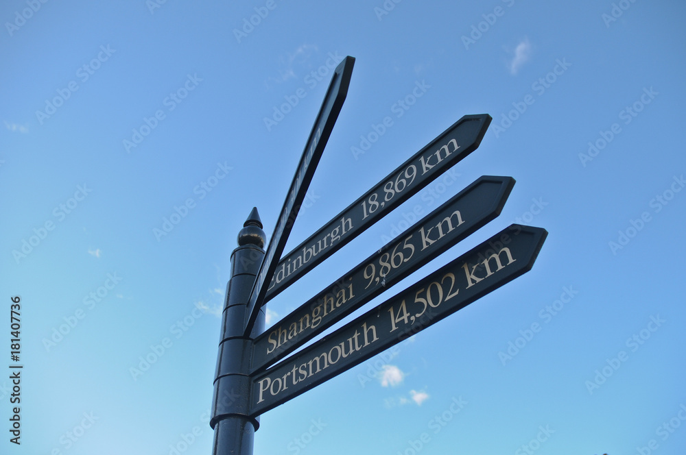 Fototapeta premium Multi-direction arrows pointing to cities around the world