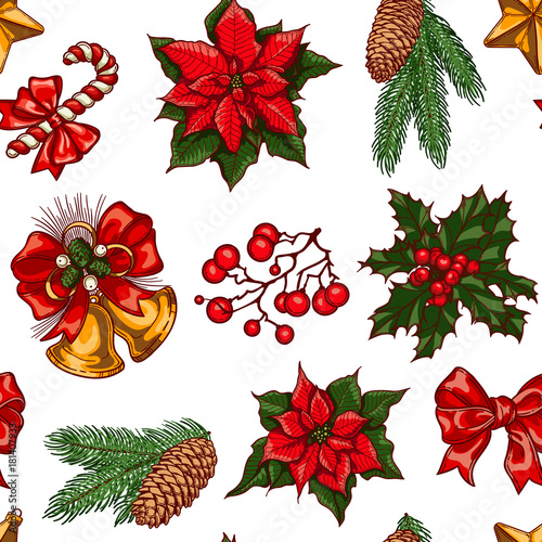 Christmas seamless pattern, red and green, poinsettia, Holly, decorations