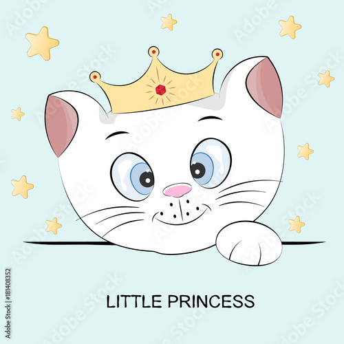 Cute cartoon kitty . Head of cat with lettering Little Princess.