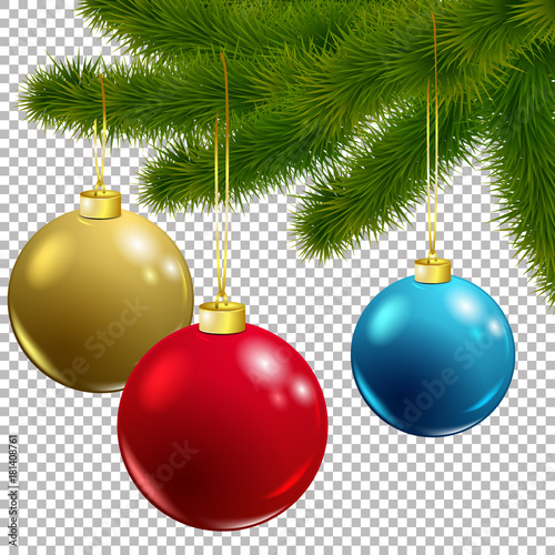 Christmas vector tree decorative branch with baubles on transparent background. Realistic pine branches illustration