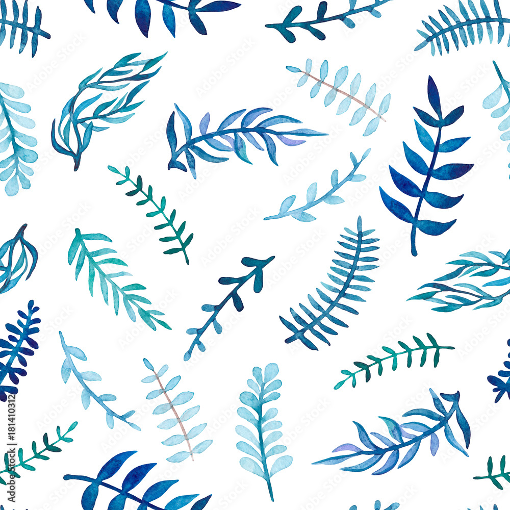 Herbal Seamless Pattern of Watercolor Blue Leaves