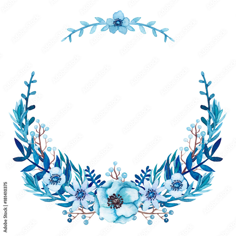 Floral Wreath with Blue Flowers and Leaves