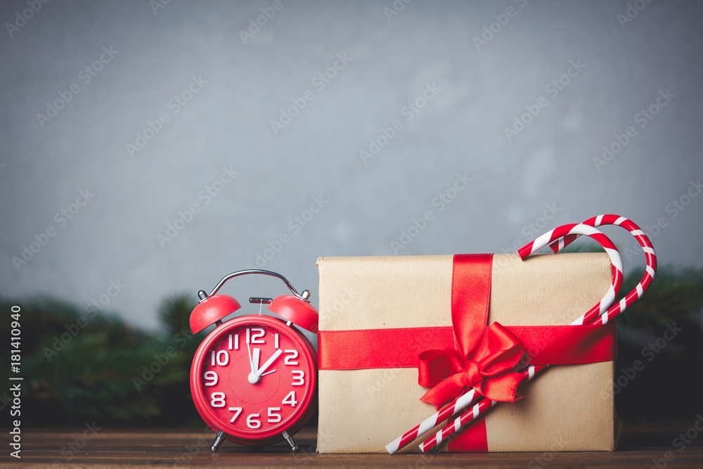 Christmas gift with bowknot and retro alarm clock Christmas gift with bowknot and retro alarm clock