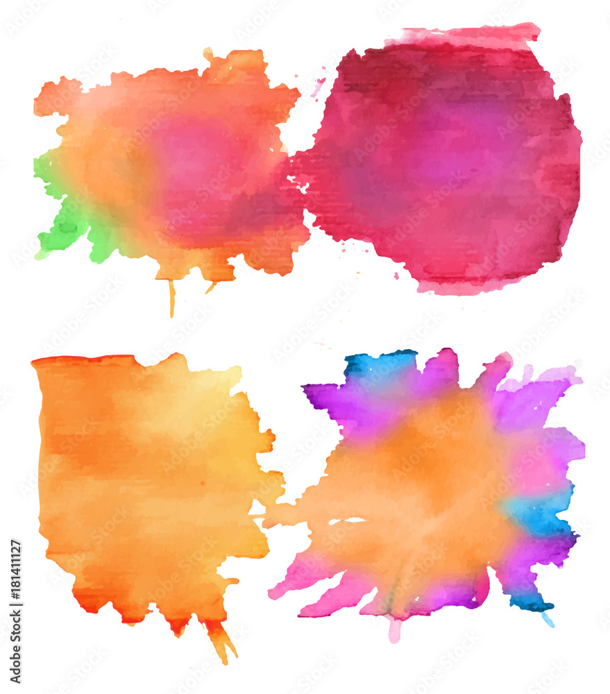 Set of colorful abstract watercolor texture stains with splashes and spatters. Modern creative watercolor background for trendy design.