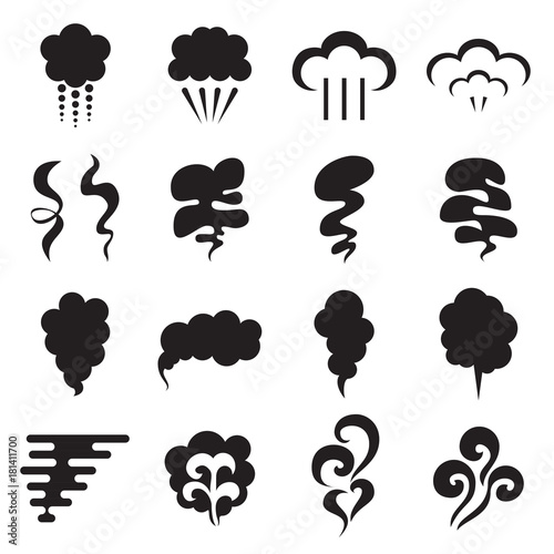Steam icons. Collection of black symbols isolated on a white background. Vector illustration