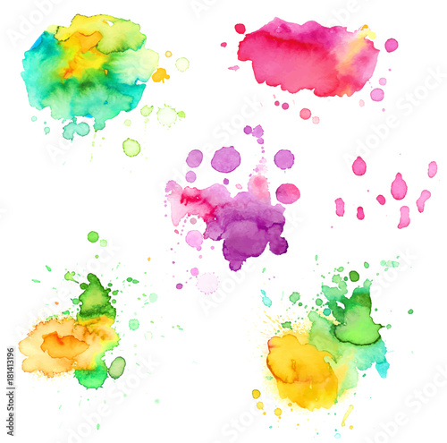 Set of colorful abstract watercolor texture stains with splashes and spatters. Modern creative watercolor background for trendy design.
