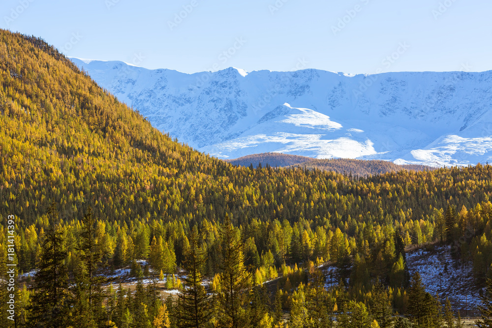 Views of snowy ridges of Altai mountains in Altai Republic, Russia.