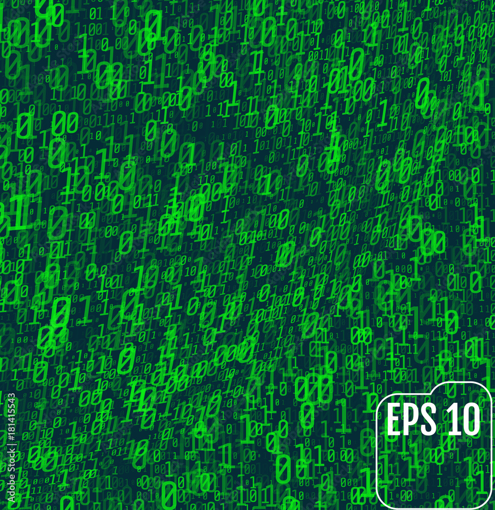 Binary code on green background. Background in a matrix style. Falling random numbers. Volume effect.  Green digital code numbers.