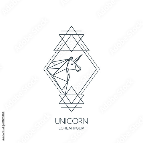 Vector line art unicorn horse logo icon or emblem. Unicorn polygonal head in rhombus shape. Outline geometric illustration for poster, greeting card, wall decoration sticker and prints.