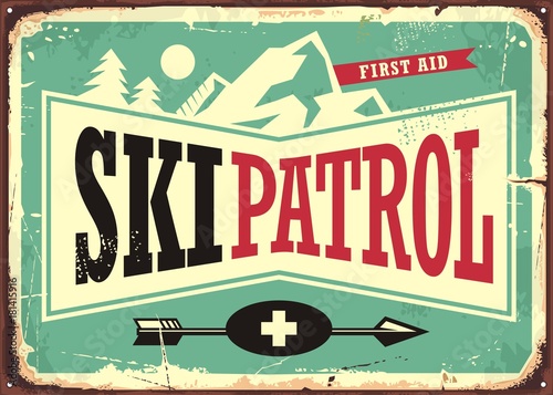 Ski patrol retro sign design with mountain shape and ski patrol text