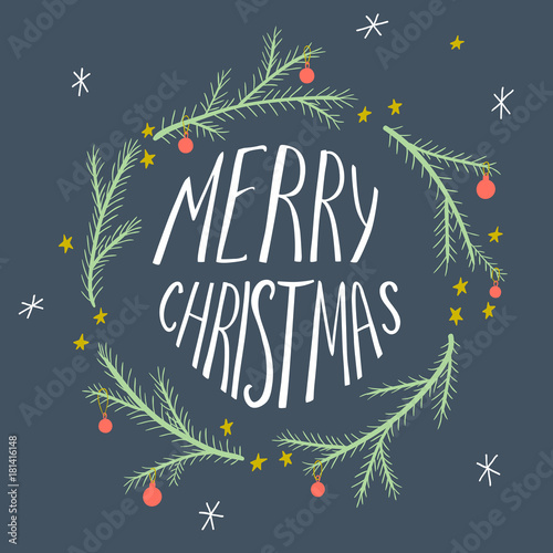 Christmas card with hand drawn decorated conifer branches and letters