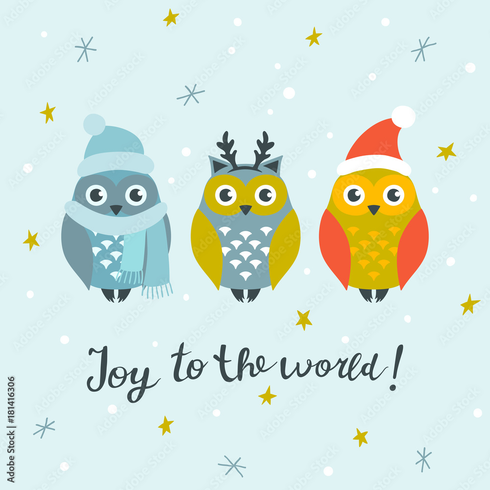 Christmas card with cute owls and hand written lettering, Christmas design elements Christmas card with cute owls and hand written lettering, Christmas design elements
