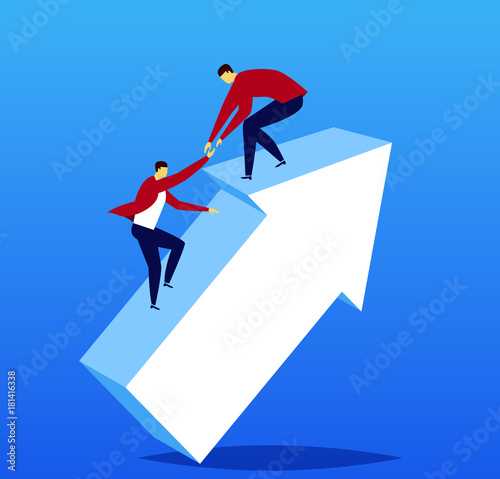The businessman helps another businessman reach the top of the arrow