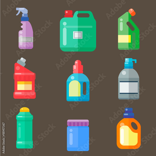 Bottles of household chemicals supplies cleaning housework plastic detergent liquid domestic fluid cleaner pack vector illustration.