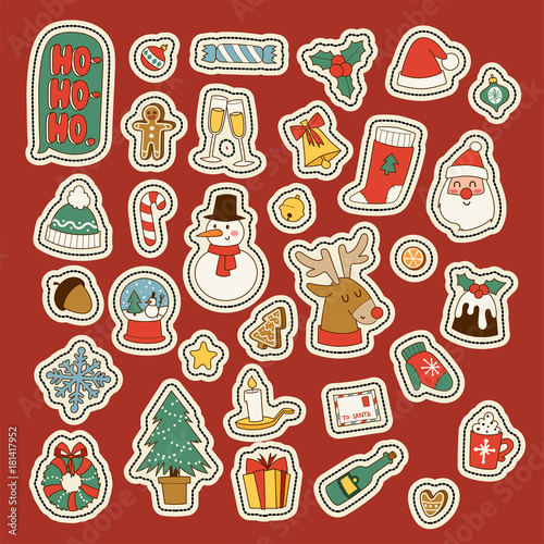 Christmas greeting card stickers symbols vector winter celebration design holidays winter decoration ornament illustration.