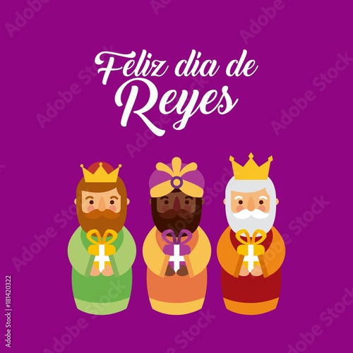 feliz dia de los reyes three magic kings bring presents to jesus vector illustration