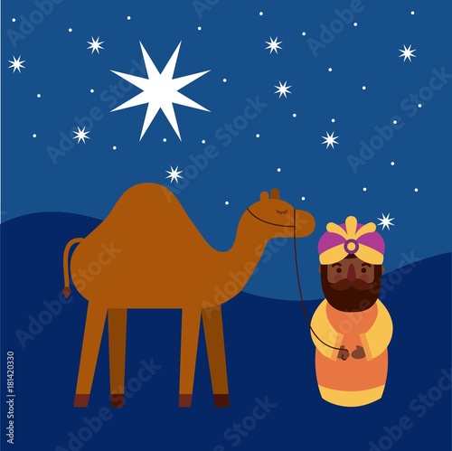 cartoon wise king with camel manger traditional vector illustration