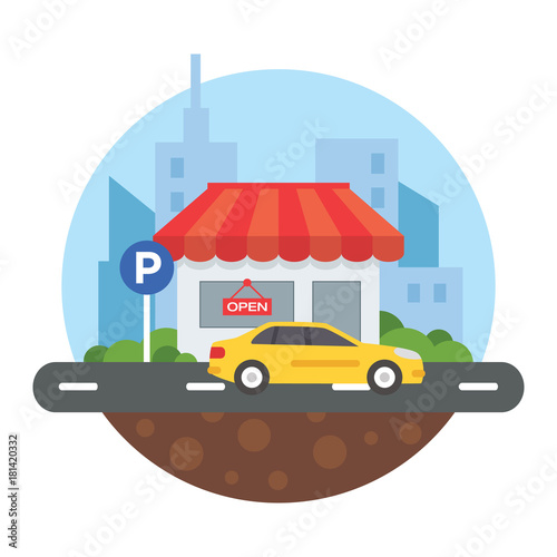 Car Parking in front of store at the city illustration © ariyodesign
