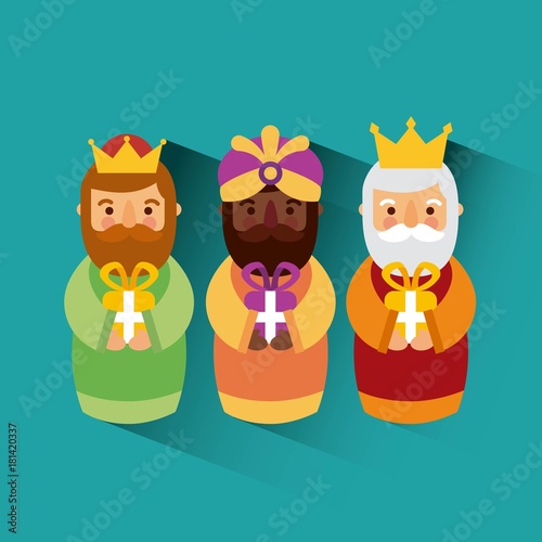 feliz dia de los reyes three magic kings bring presents to jesus vector illustration