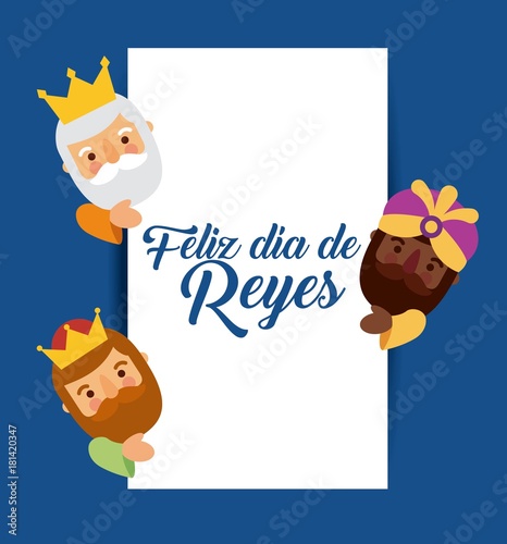 feliz dia de los reyes three magic kings bring presents to jesus vector illustration