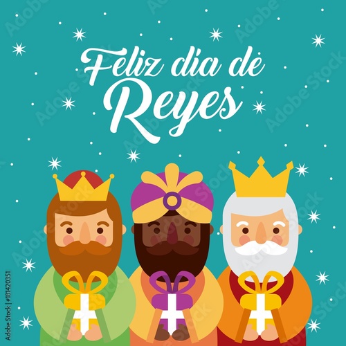 Fototapeta feliz dia de los reyes three magic kings bring presents to jesus vector illustra