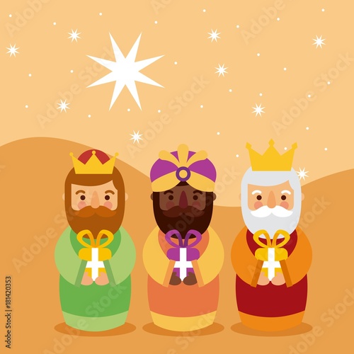 feliz dia de los reyes three magic kings bring presents to jesus vector illustration