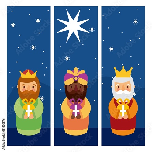 feliz dia de los reyes three magic kings bring presents to jesus vector illustration