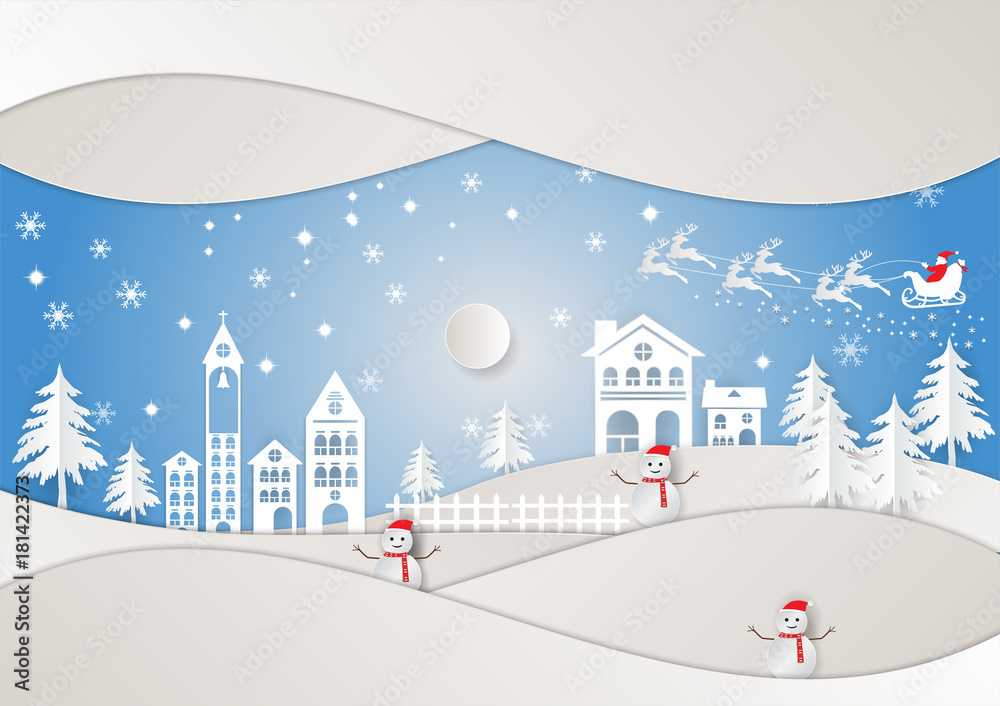 Paper art  style, Winter holiday and City for Christmas season, Vector illustration