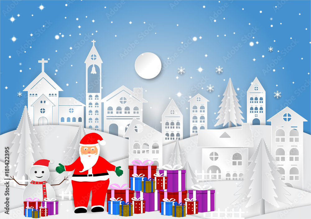 Winter season City for Christmas with Snowflake and Santa, Vector illustration, paper art design