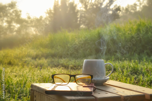 morning coffee cup garden background