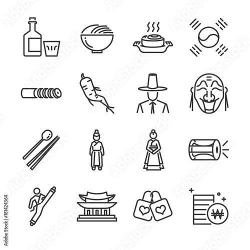 Korea icon set. Included the icons as kimchi, traditional, Korean costume, taekwondo, mask, currency and more.