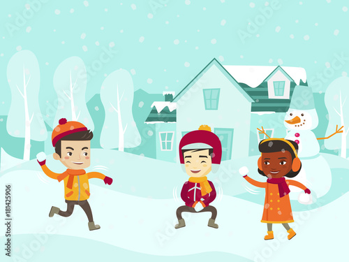 Multicultural children playing snowball fight and having fun in snow in winter. Happy African-american, Asian, Caucasian little friends having fun while playing snowballs. Vector cartoon illustration.