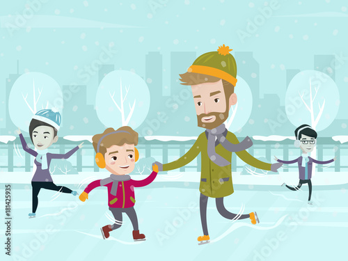 Young caucasian father teaching his little smiling son ice skating. Happy father and son having fun time together on ice skating rink outdoors on winter day. Vector cartoon illustration.