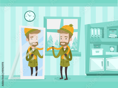Young caucasian man getting dressed and putting on warm winter coat, hat and scarf. Man putting on outdoor clothes in front of a mirror in home hallway. Vector cartoon illustration.
