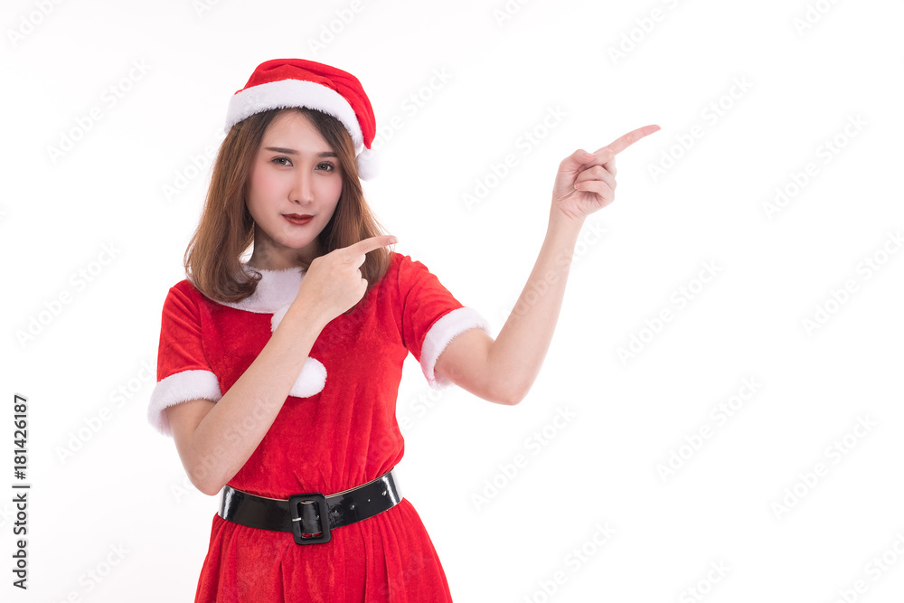 happy woman wearing santa claus dress on white background happy woman wearing santa claus dress on white background