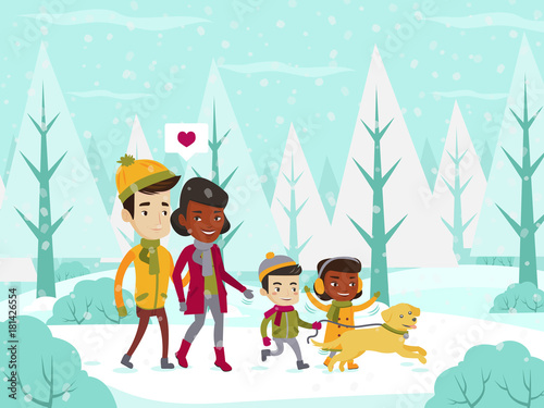 Young multiethnic married couple in love and their children with a dog walking in the winter forest. Family having fun while strolling together in snowy park. Vector cartoon illustration.