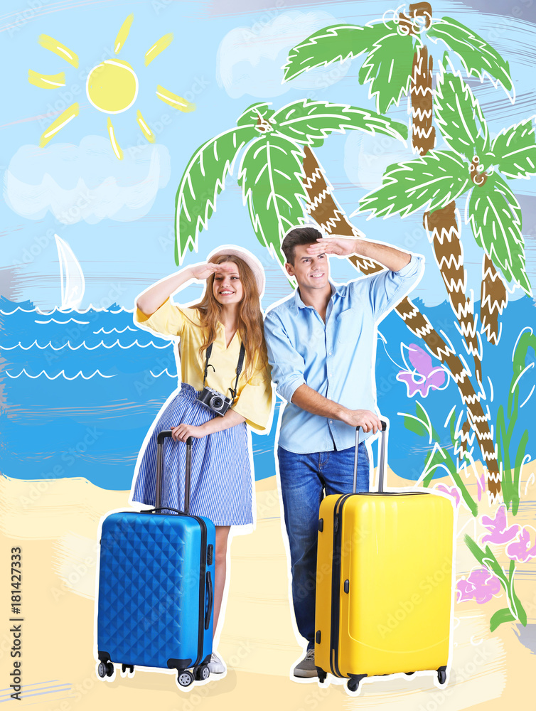 Young couple with baggage and drawn landscape on background