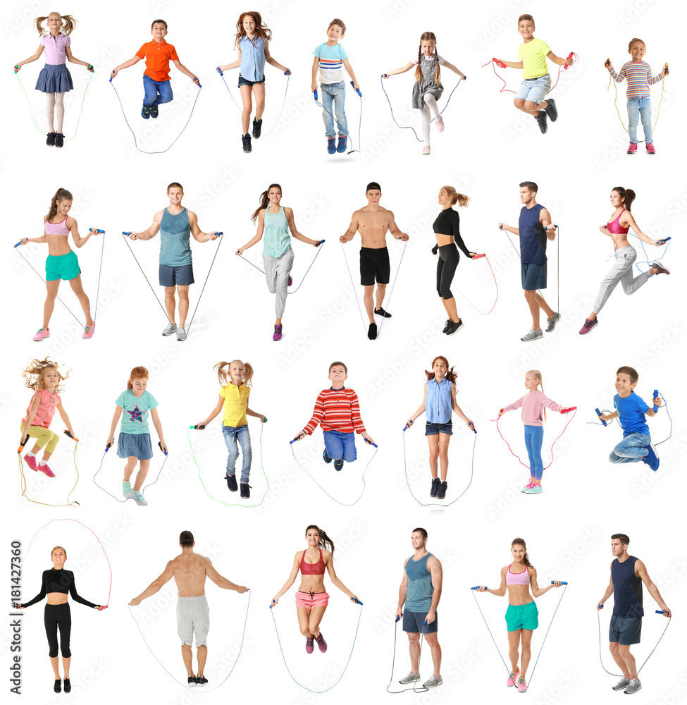 Collage of people with jumping ropes on white background