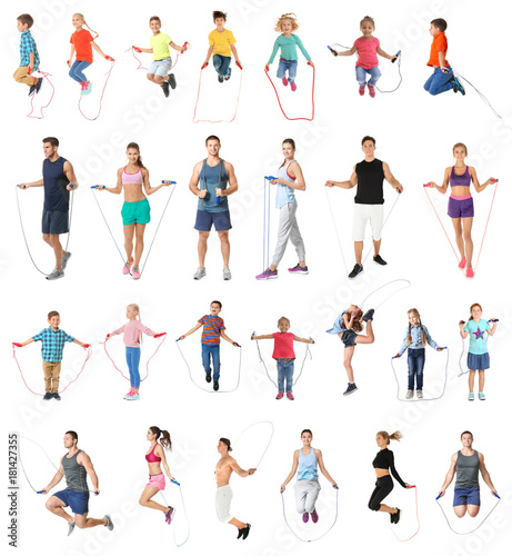 Collage of people with jumping ropes on white background