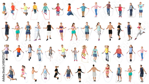 Collage of people with jumping ropes on white background