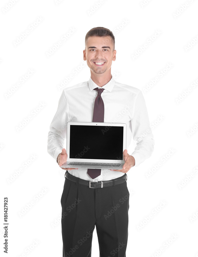 Young man with laptop on white background