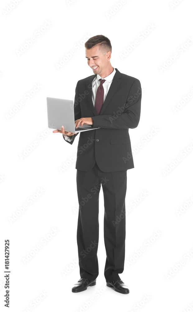 Young man with laptop on white background